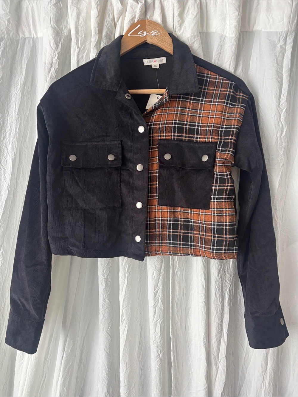 Ultra Flirt Black & Rust Plaid Cropped Jean Jacket